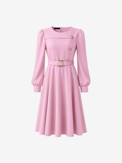 Puff Sleeves Button Decor Belted A-Line Midi Dress