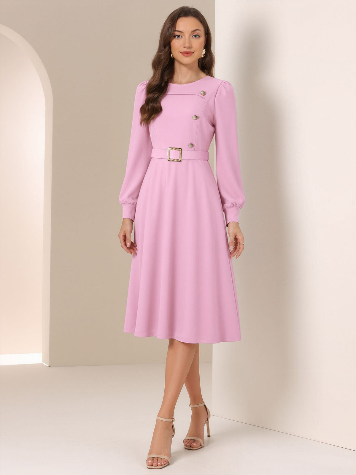 Puff Sleeves Button Decor Belted A-Line Midi Dress