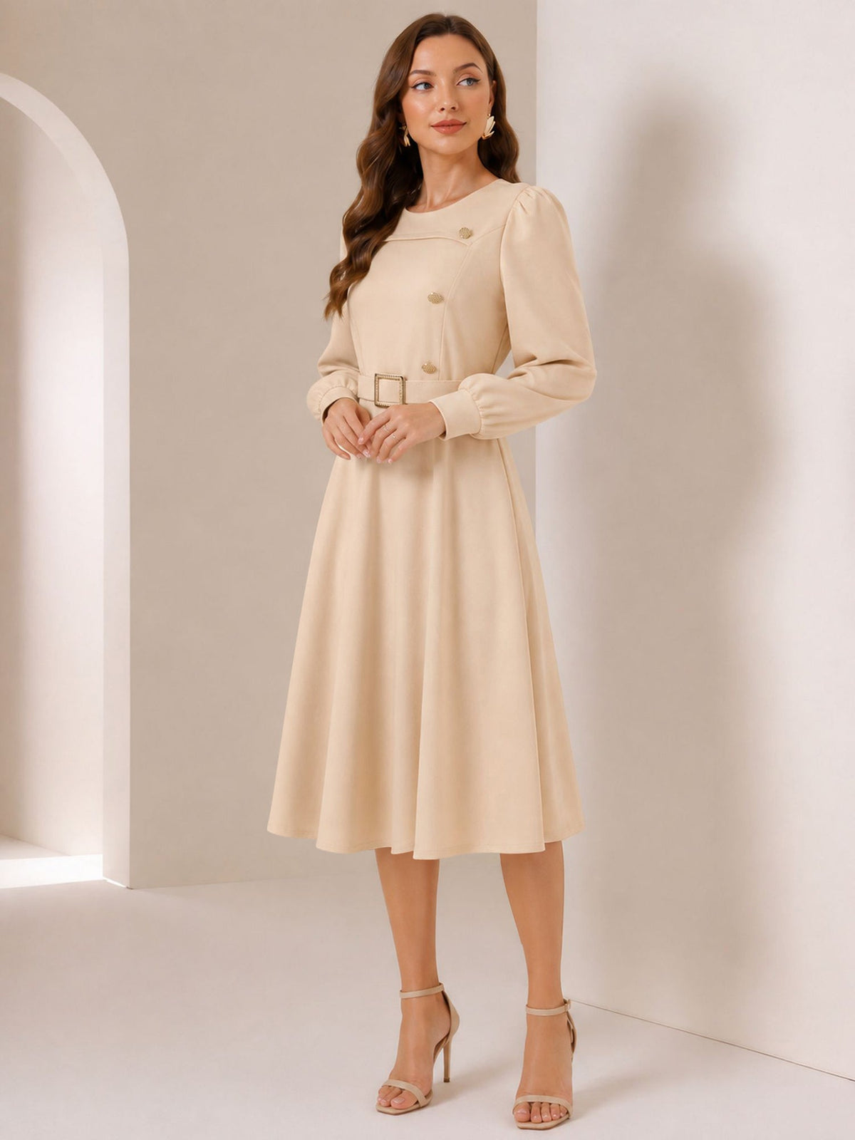 Puff Sleeves Button Decor Belted A-Line Midi Dress