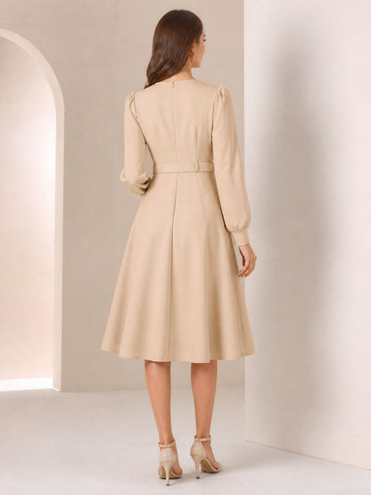 Puff Sleeves Button Decor Belted A-Line Midi Dress