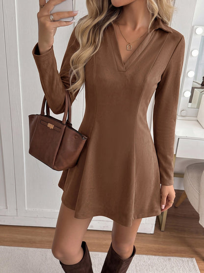 Faux Suede Collared Long Sleeves Mini Dress