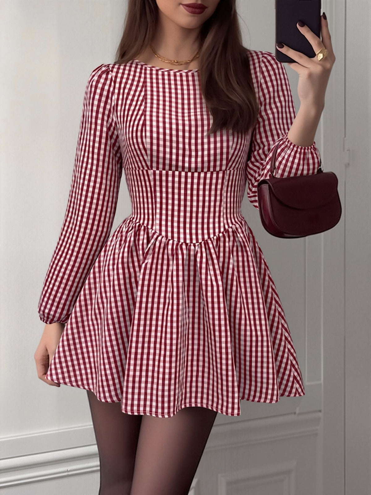 Gingham Bow Backless Checkered Puff Sleeves Mini Dress