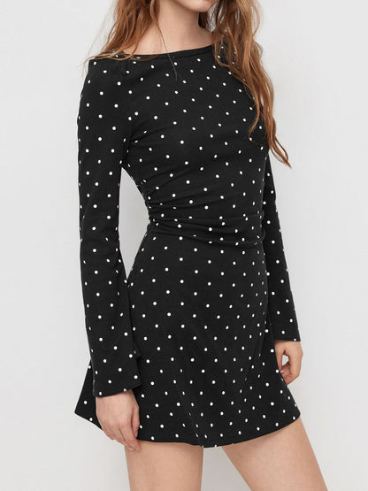 Boat Neck Bell Sleeves Polka Dots Mini Dress