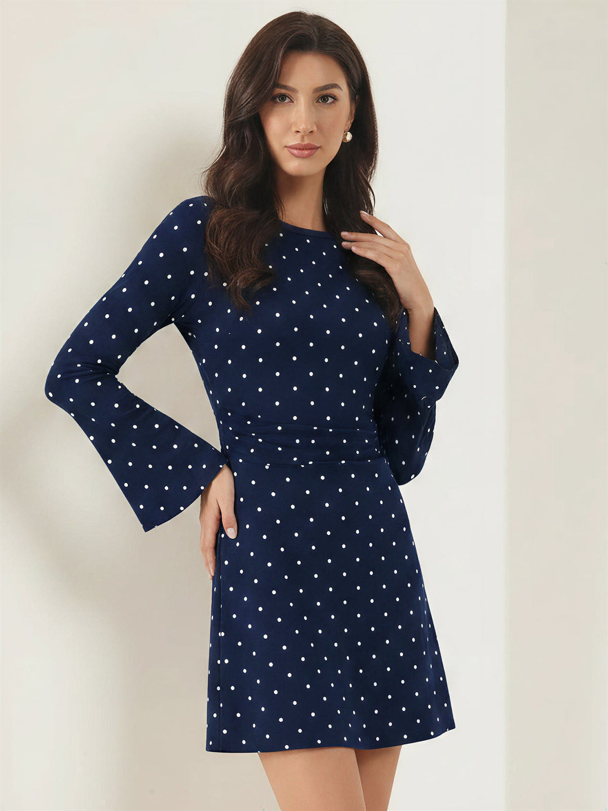 Boat Neck Bell Sleeves Polka Dots Mini Dress