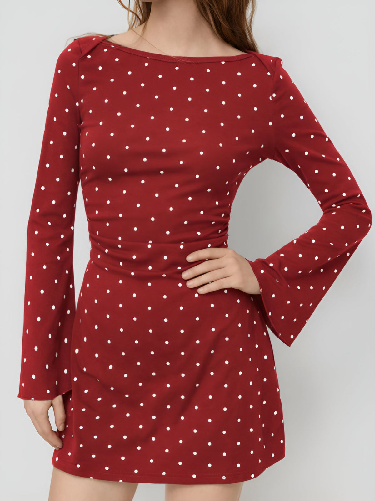 Boat Neck Bell Sleeves Polka Dots Mini Dress