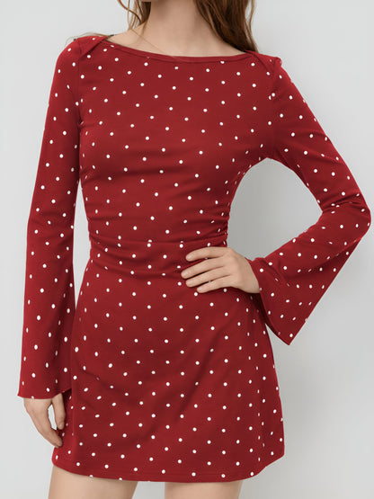 Boat Neck Bell Sleeves Polka Dots Mini Dress