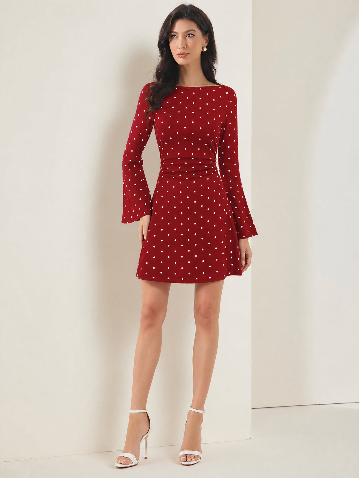 Boat Neck Bell Sleeves Polka Dots Mini Dress