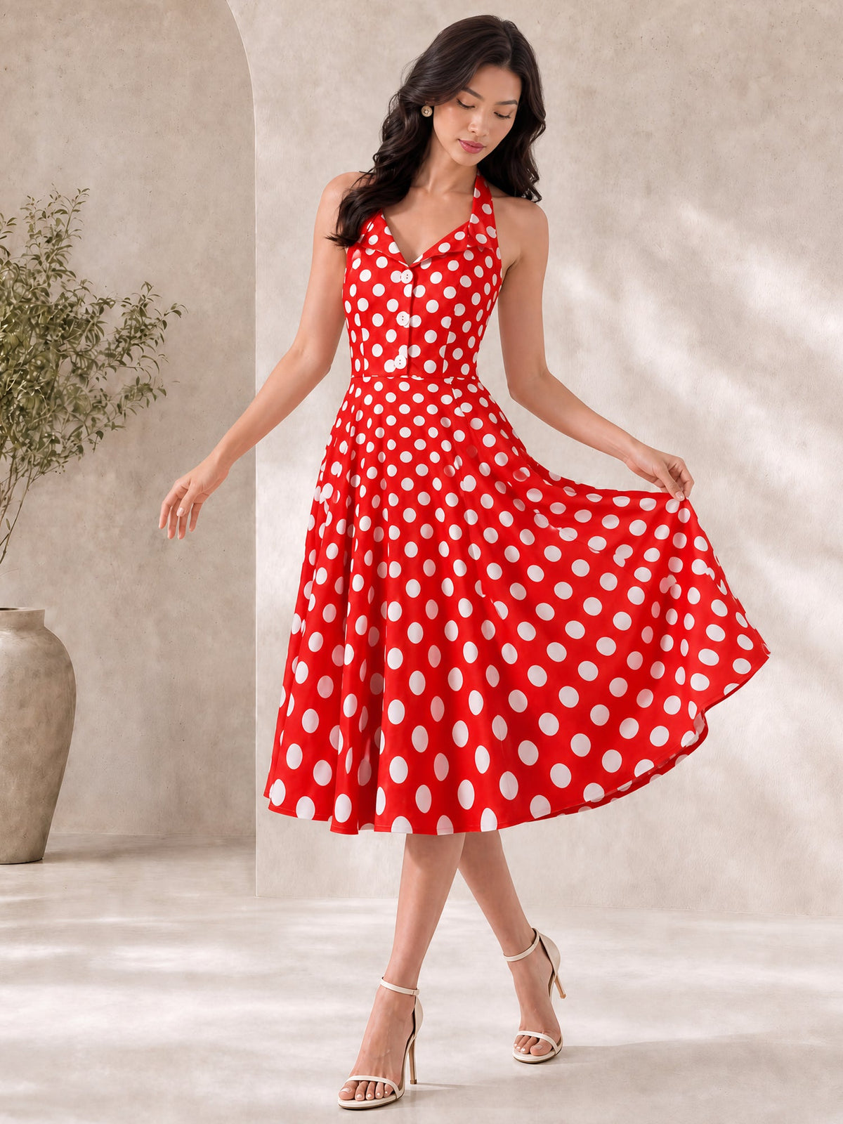 Polka Dot Halter Neck Backless Mid-Length Flared Retro Dress