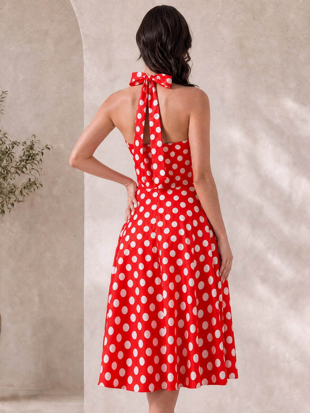 Polka Dot Halter Neck Backless Mid-Length Flared Retro Dress
