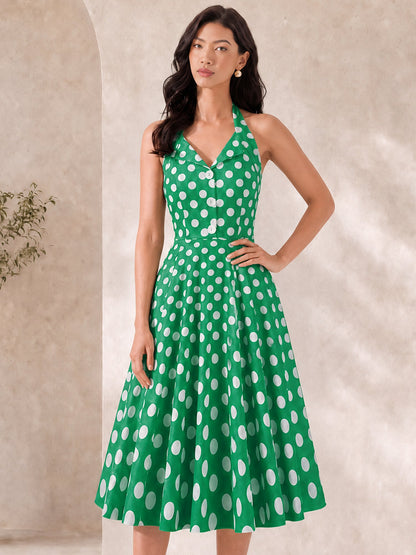 Polka Dot Halter Neck Backless Mid-Length Flared Retro Dress