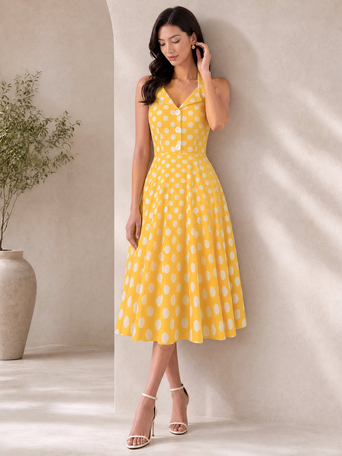 Polka Dot Halter Neck Backless Mid-Length Flared Retro Dress