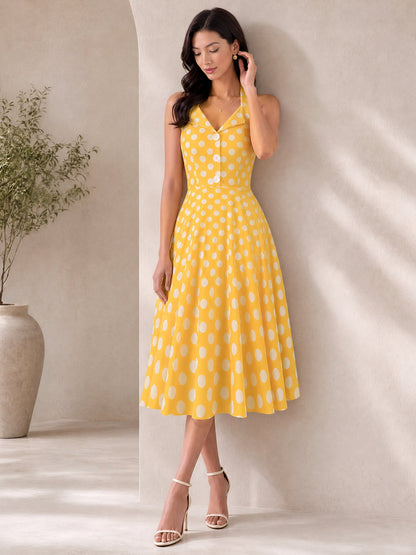 Polka Dot Halter Neck Backless Mid-Length Flared Retro Dress