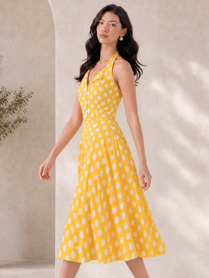 Polka Dot Halter Neck Backless Mid-Length Flared Retro Dress