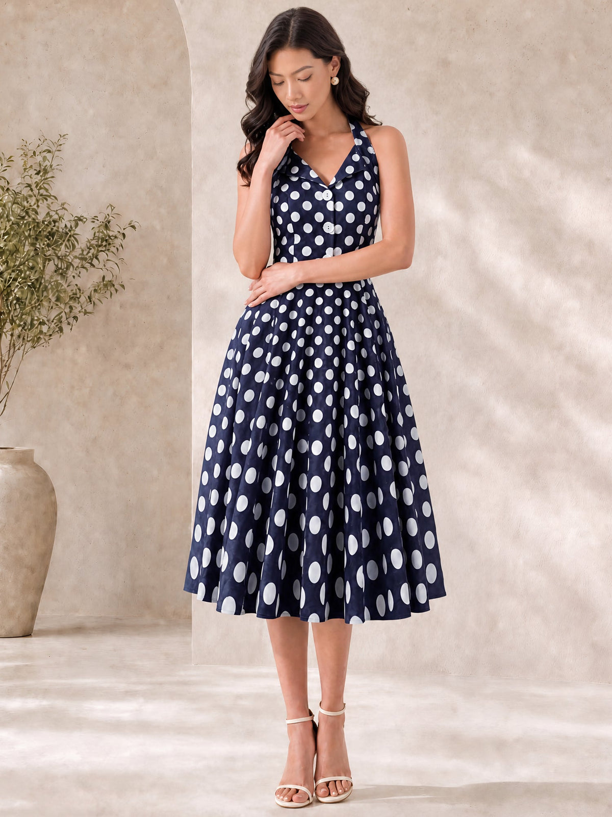 Polka Dot Halter Neck Backless Mid-Length Flared Retro Dress