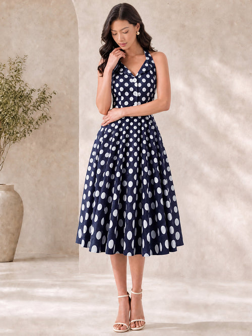 Polka Dot Halter Neck Backless Mid-Length Flared Retro Dress