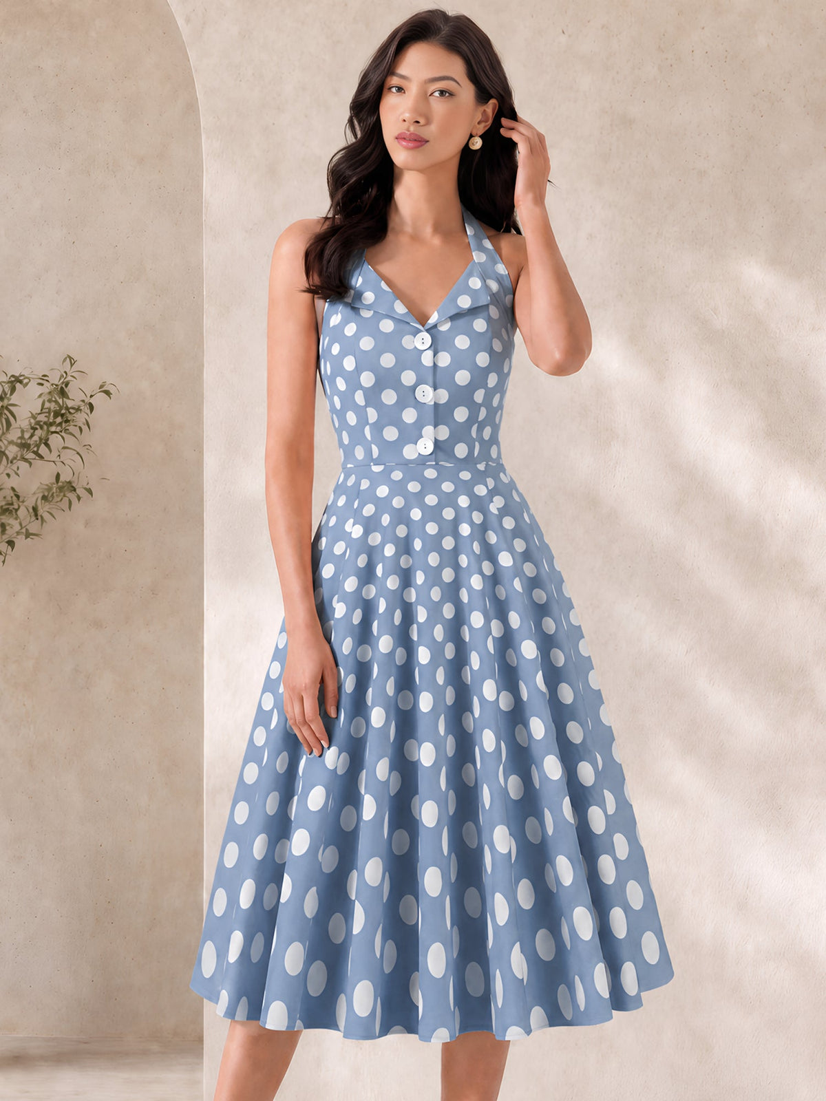 Polka Dot Halter Neck Backless Mid-Length Flared Retro Dress