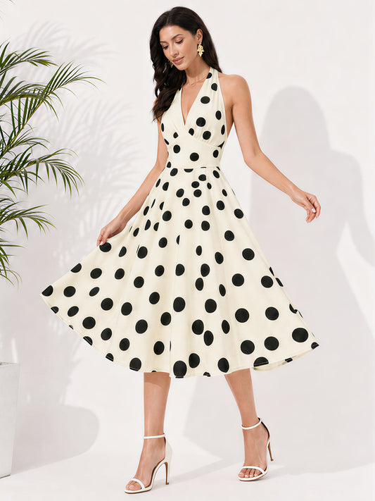 Polka Dot Halter Neck Backless Sleeveless Vintage Swing Dress