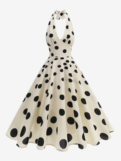 Polka Dot Halter Neck Backless Sleeveless Vintage Swing Dress