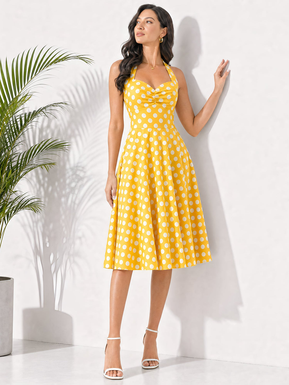 Vintage Polka Dot Halter Neck Backless Swing Dress