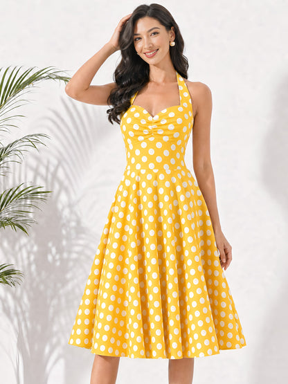 Vintage Polka Dot Halter Neck Backless Swing Dress