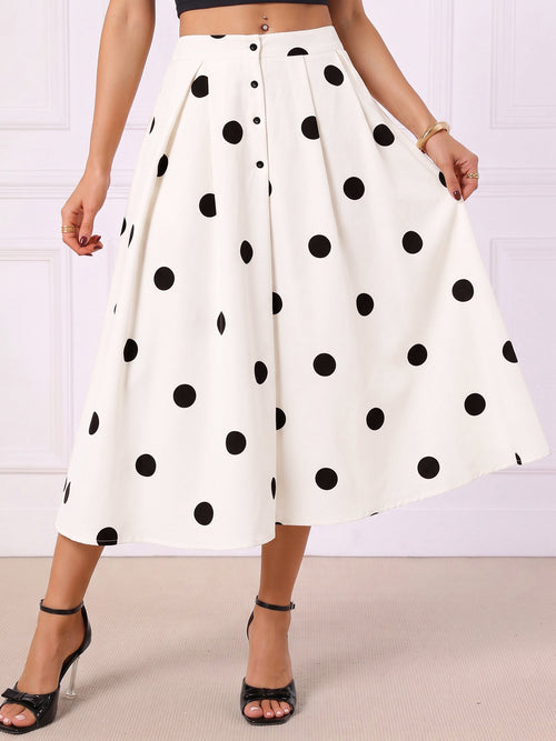 Polka Dots High Waist Buttoned A-Line Midi Skirt