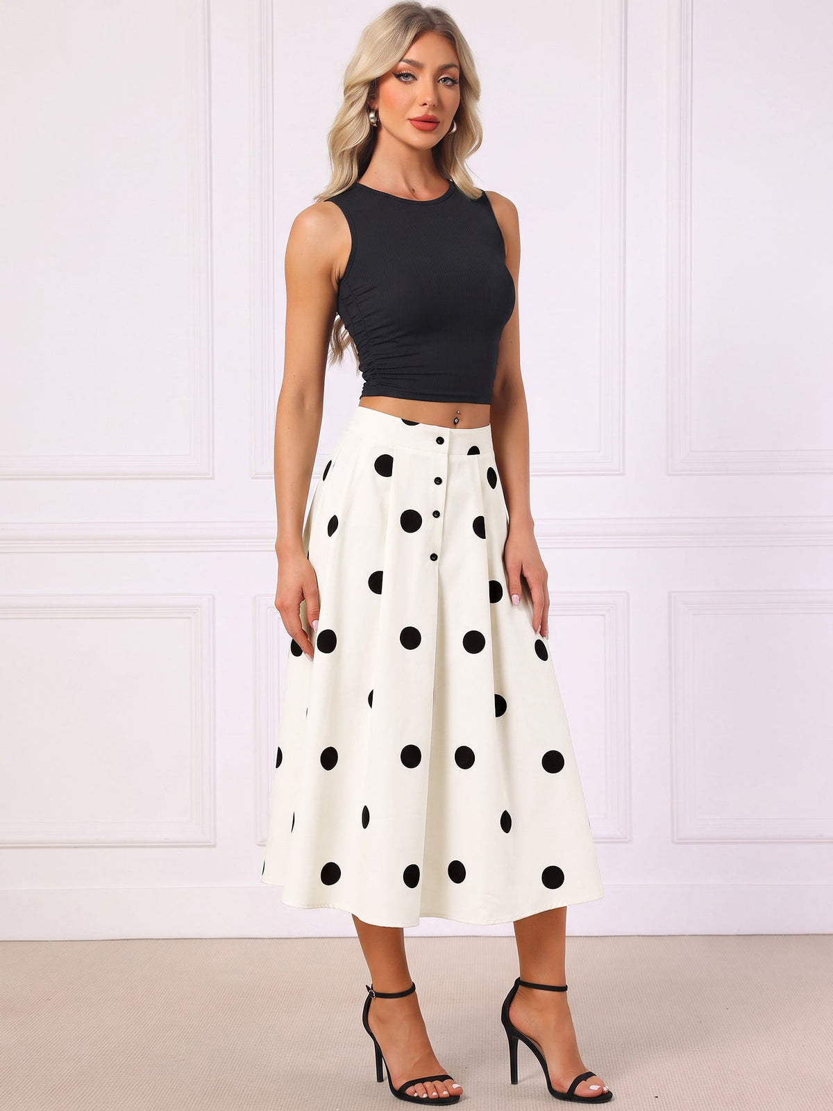 Polka Dots High Waist Buttoned A-Line Midi Skirt