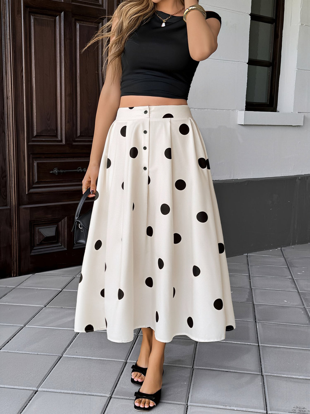 Polka Dots High Waist Buttoned A-Line Midi Skirt