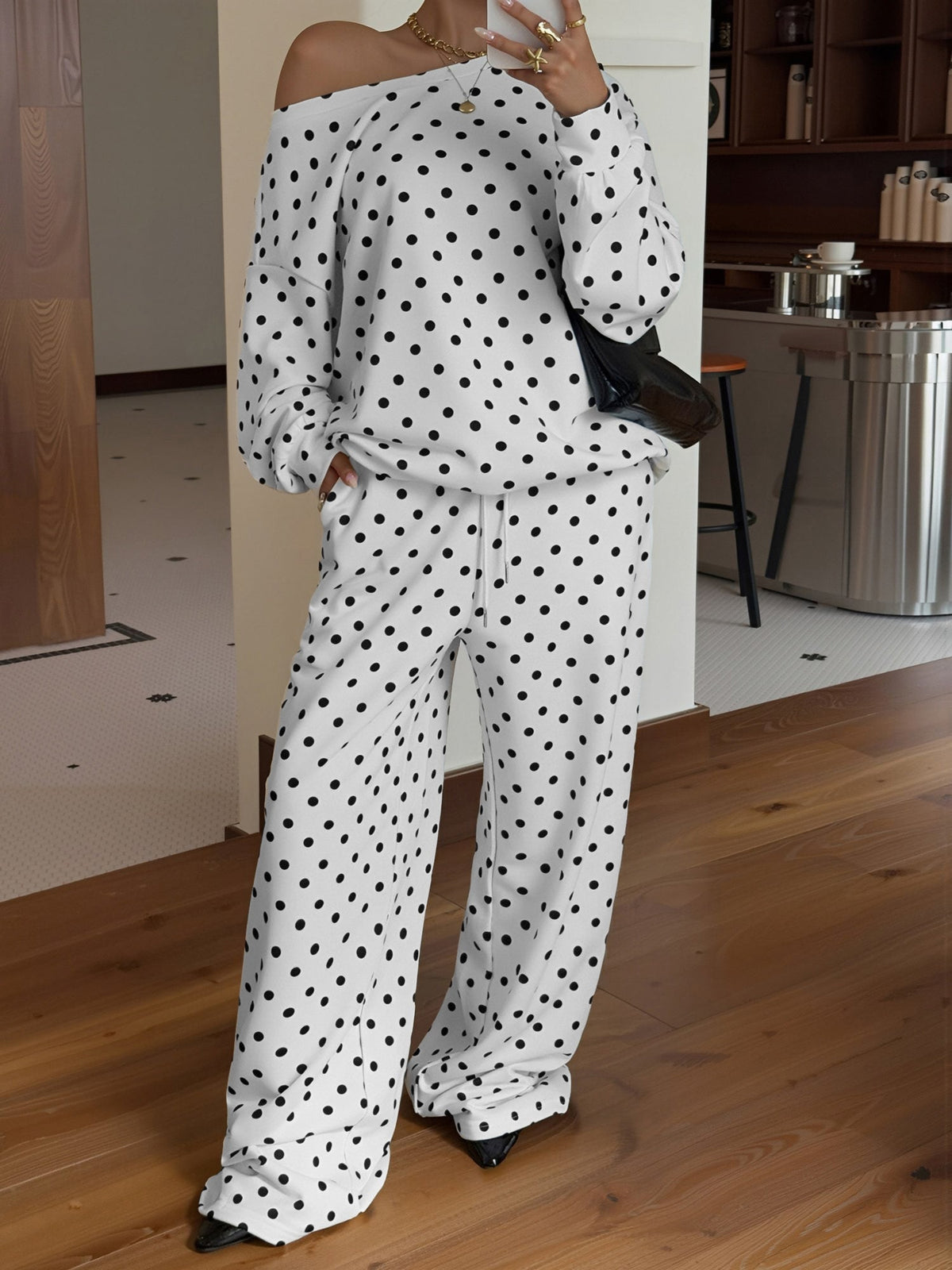 2 Pieces Polka Dots Print Casual Long Sleeve Sweatshirt and Trousers Pants Matching Set