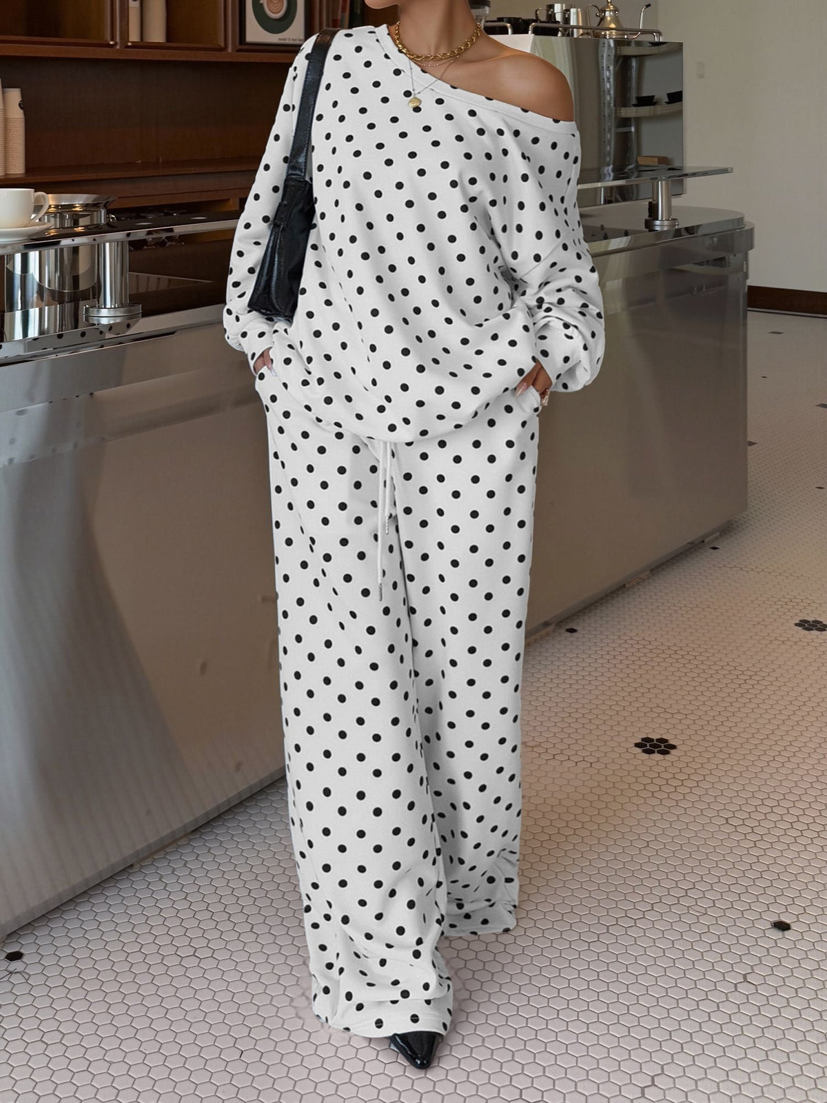 2 Pieces Polka Dots Print Casual Long Sleeve Sweatshirt and Trousers Pants Matching Set