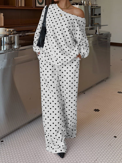 2 Pieces Polka Dots Print Casual Long Sleeve Sweatshirt and Trousers Pants Matching Set