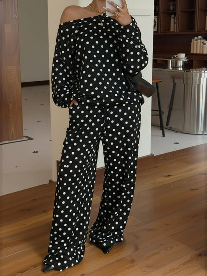 2 Pieces Polka Dots Print Casual Long Sleeve Sweatshirt and Trousers Pants Matching Set