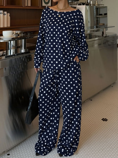 2 Pieces Polka Dots Print Casual Long Sleeve Sweatshirt and Trousers Pants Matching Set