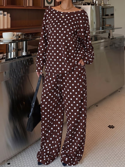 2 Pieces Polka Dots Print Casual Long Sleeve Sweatshirt and Trousers Pants Matching Set