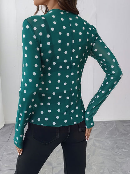 Mock Neck Sheer Polka Dot Long Sleeve Blouse