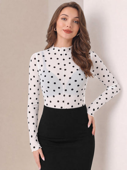 Mock Neck Sheer Polka Dot Long Sleeve Blouse