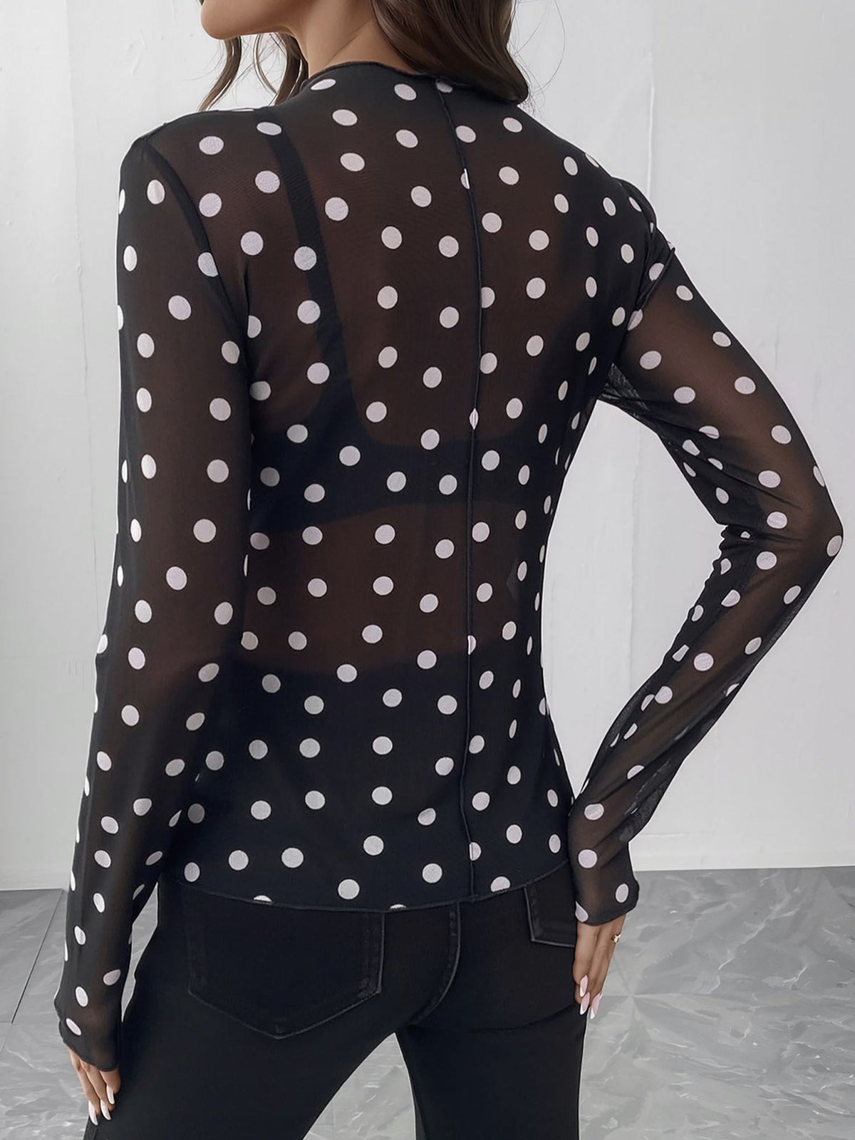 Mock Neck Sheer Polka Dot Long Sleeve Blouse