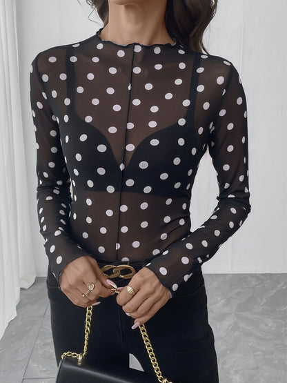 Mock Neck Sheer Polka Dot Long Sleeve Blouse