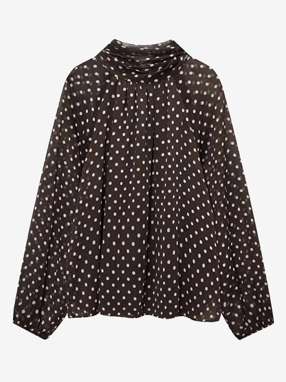 Polka Dots Mesh Mock Neck Lantern Sleeves Blouse