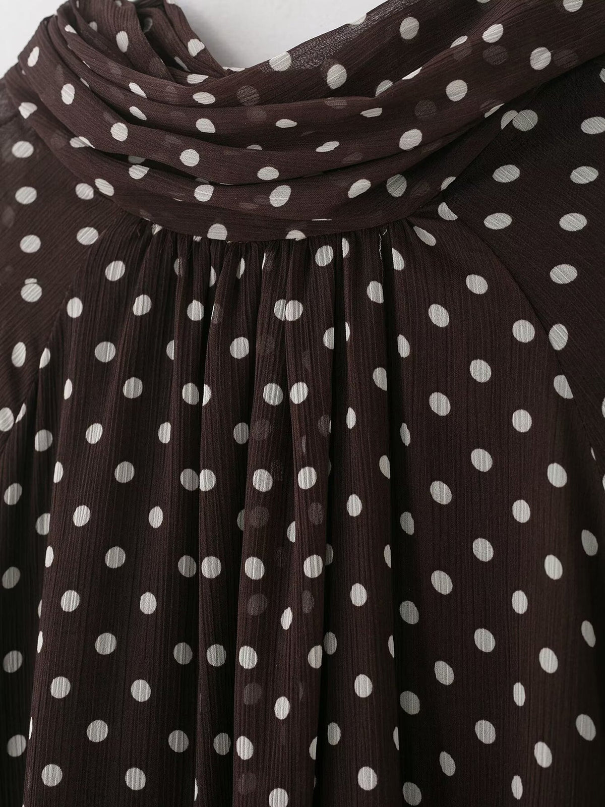 Polka Dots Mesh Mock Neck Lantern Sleeves Blouse