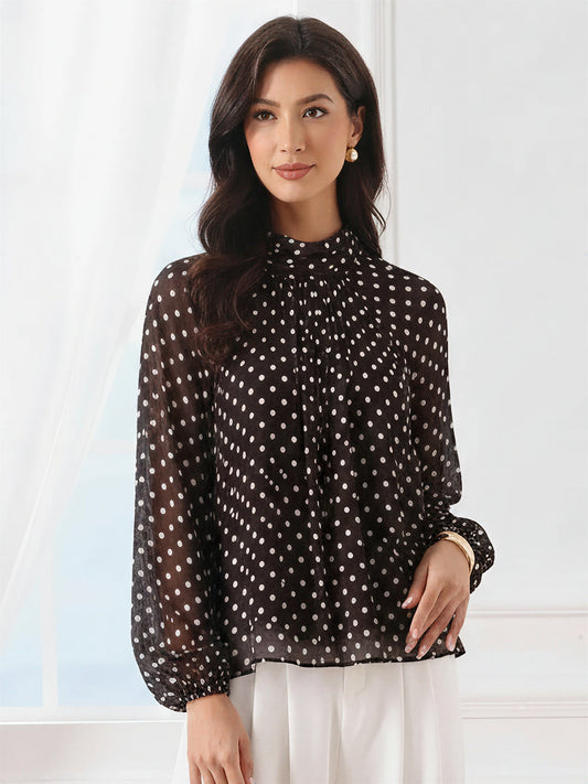 Polka Dots Mesh Mock Neck Lantern Sleeves Blouse
