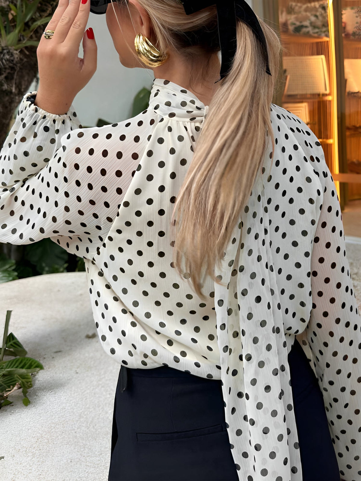 Polka Dots Mesh Mock Neck Lantern Sleeves Blouse