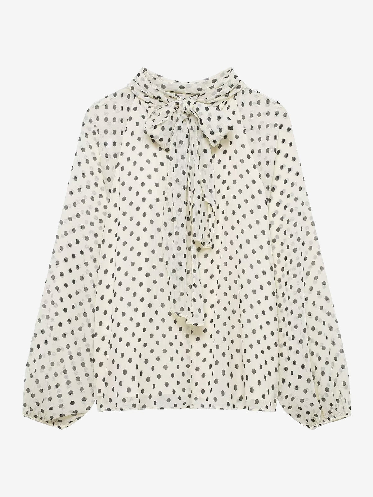 Polka Dots Mesh Mock Neck Lantern Sleeves Blouse
