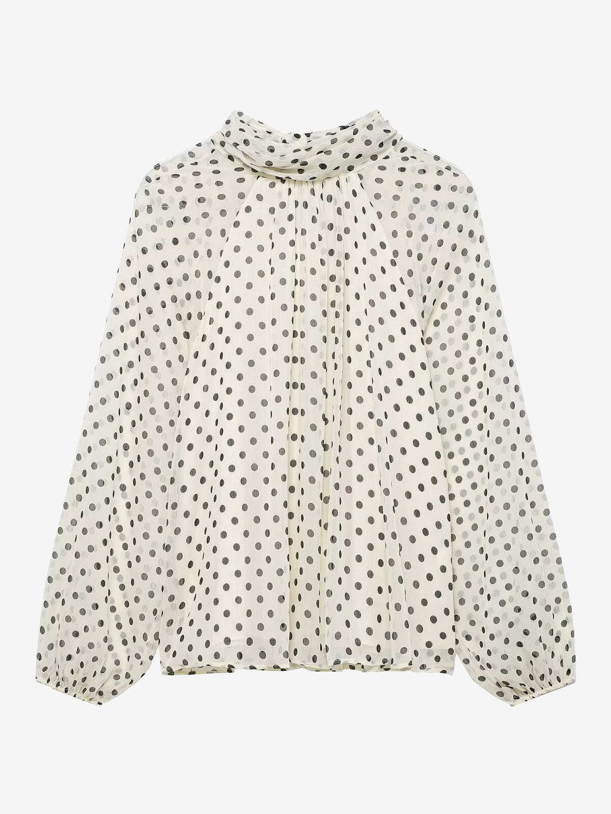 Polka Dots Mesh Mock Neck Lantern Sleeves Blouse