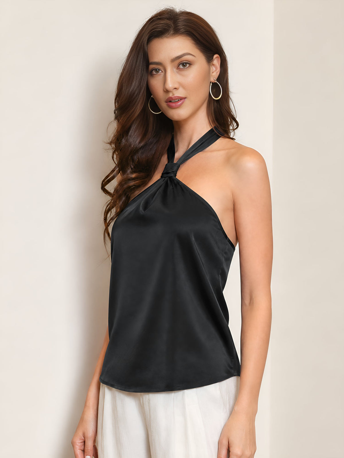 Halter Neck Lace-Up Backless Satin Sleeveless Blouse