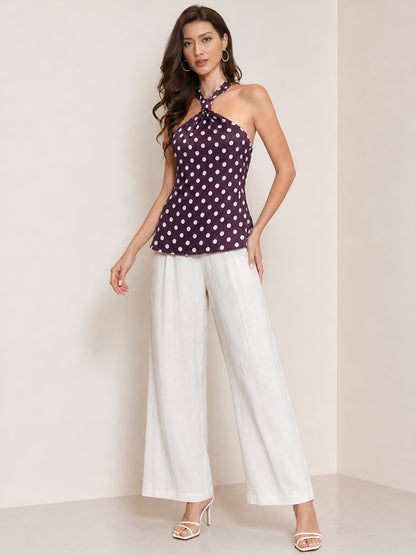 Halter Neck Lace-Up Backless Satin Sleeveless Blouse