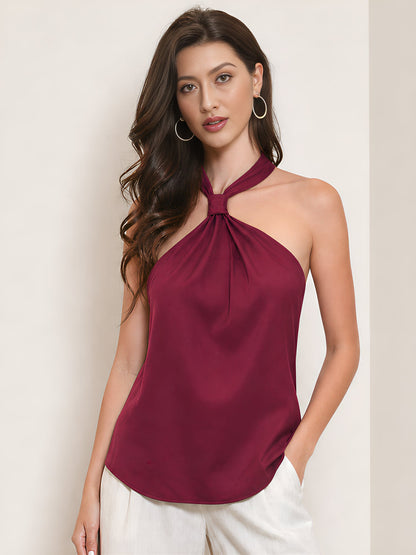 Halter Neck Lace-Up Backless Satin Sleeveless Blouse