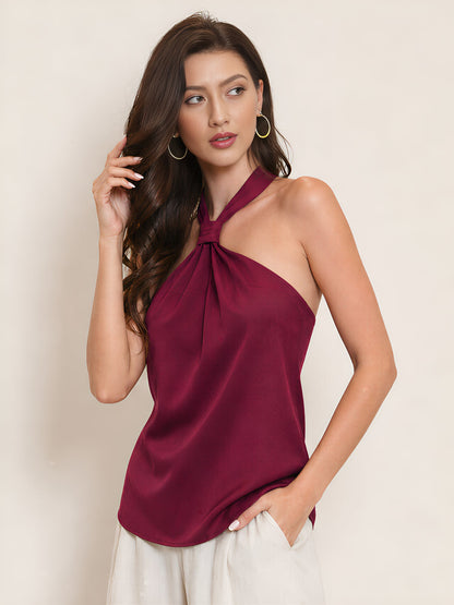 Halter Neck Lace-Up Backless Satin Sleeveless Blouse