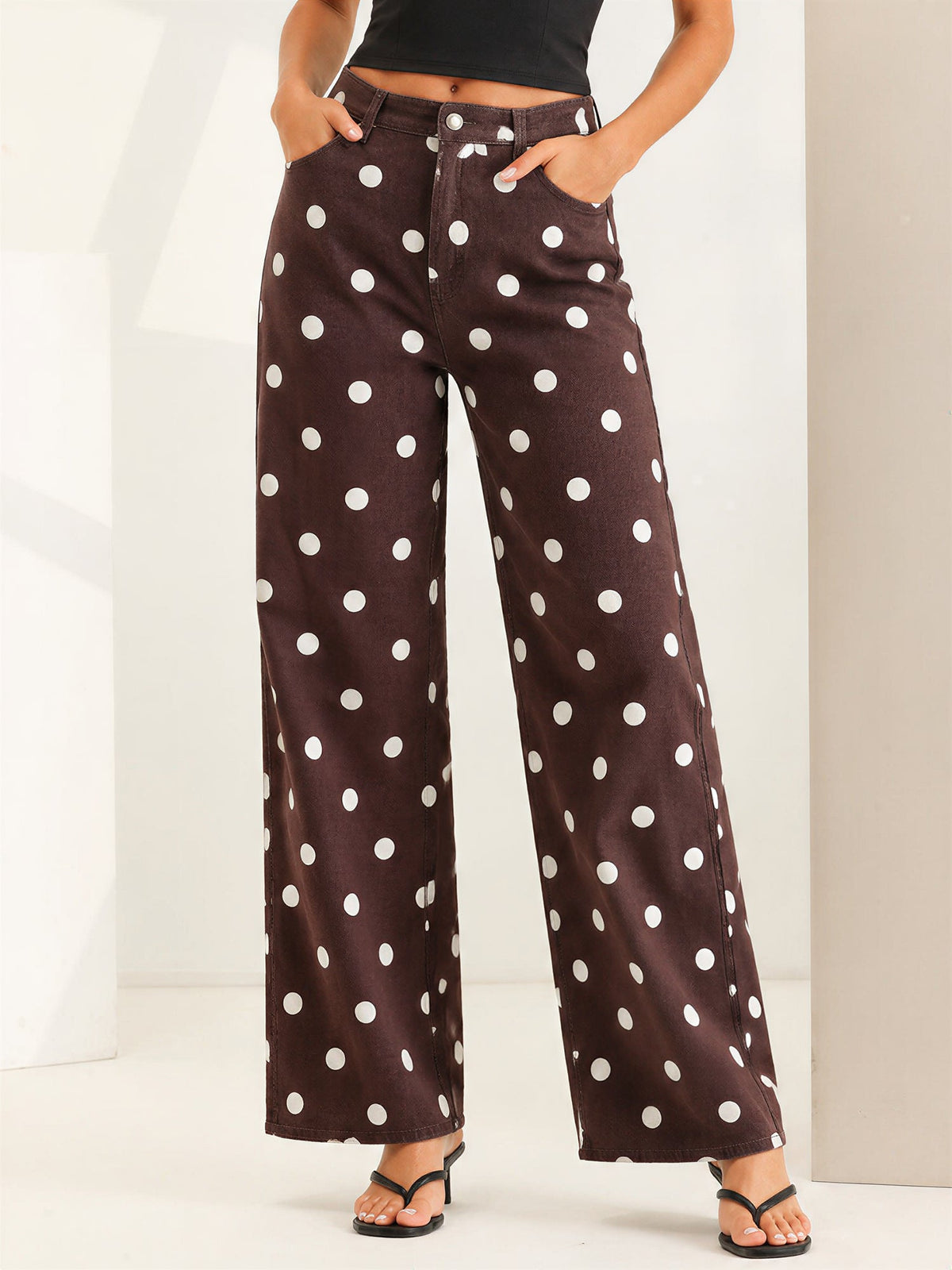 Polka Dot Mid-Rise Wide Legs Denim Pants Jeans