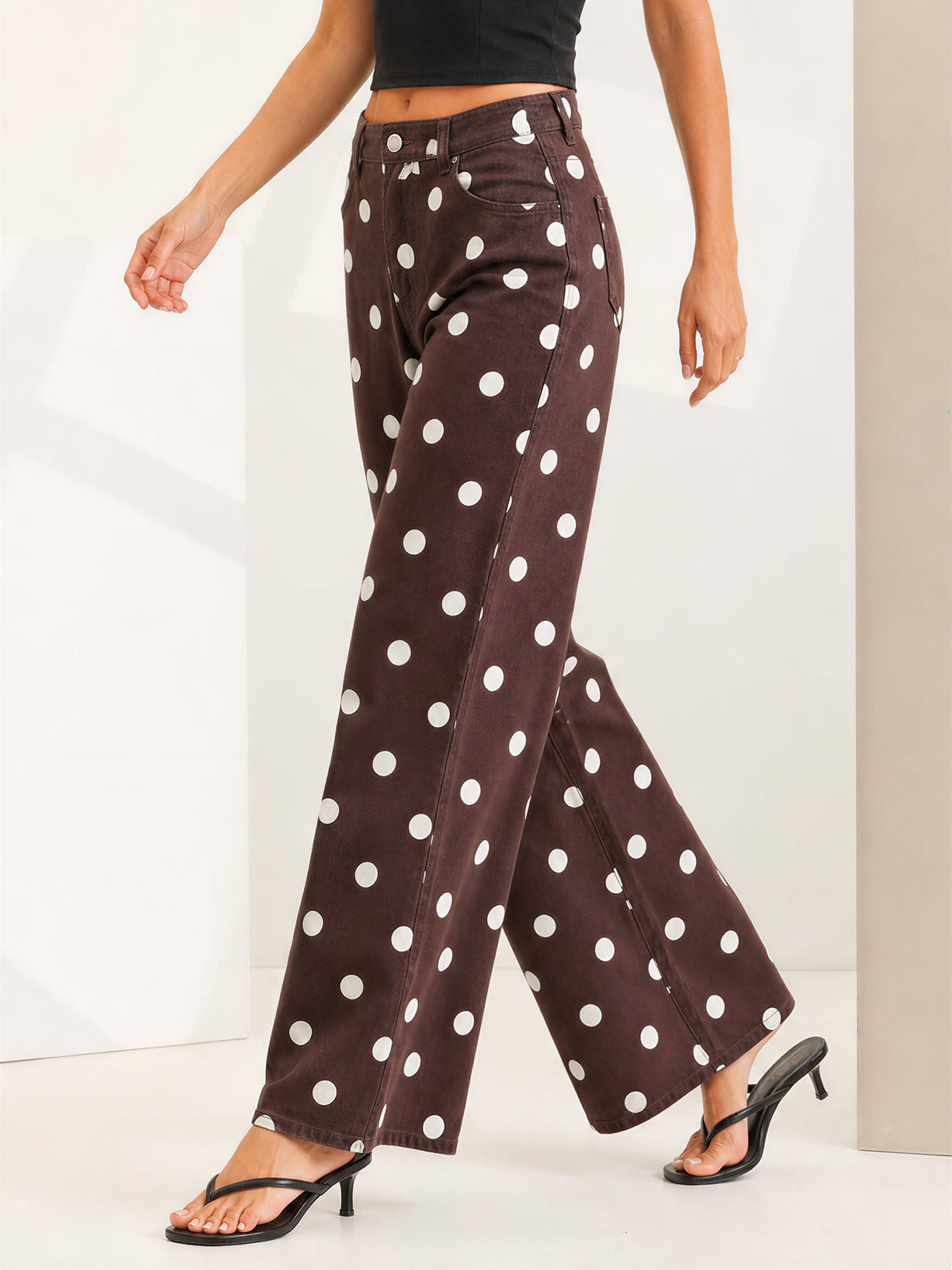 Polka Dot Mid-Rise Wide Legs Denim Pants Jeans