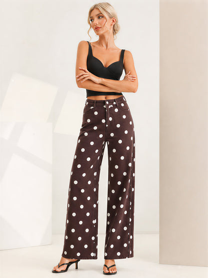 Polka Dot Mid-Rise Wide Legs Denim Pants Jeans